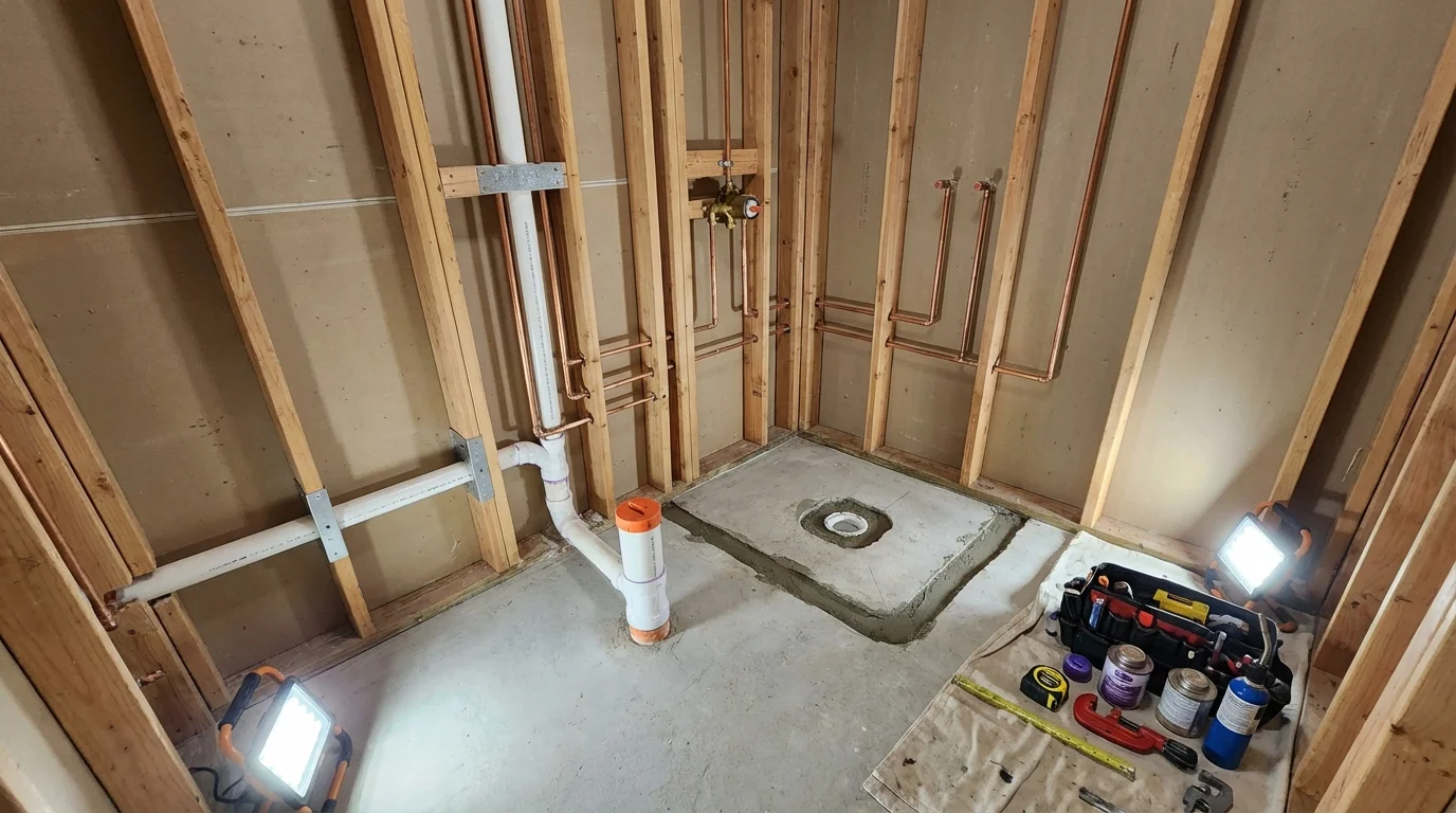 Bathroom rough-in plumbing during remodel by Johns Plumbing LLC in Point Lookout