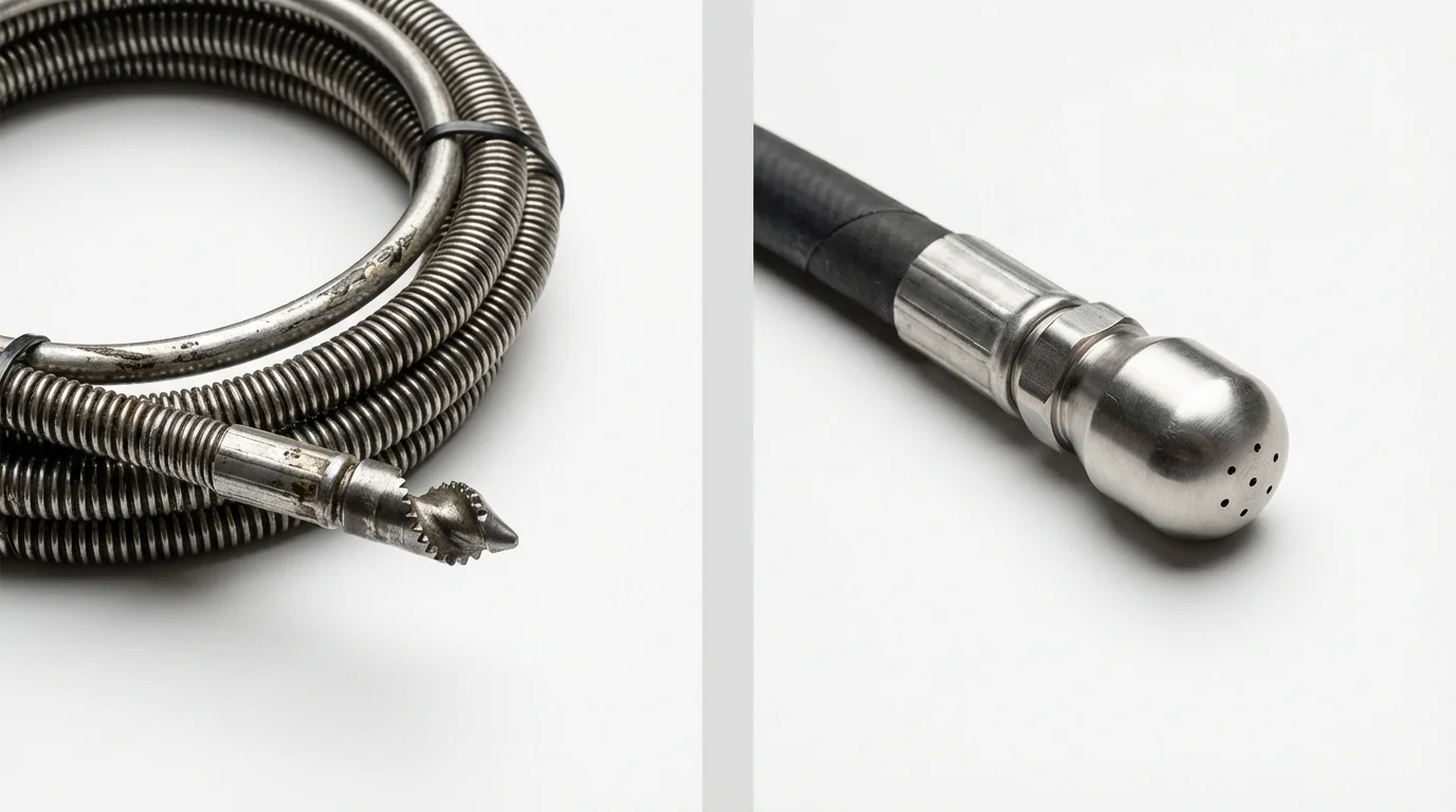 Drain snake cable and hydro jetting nozzle used for drain cleaning in Point Lookout, NY