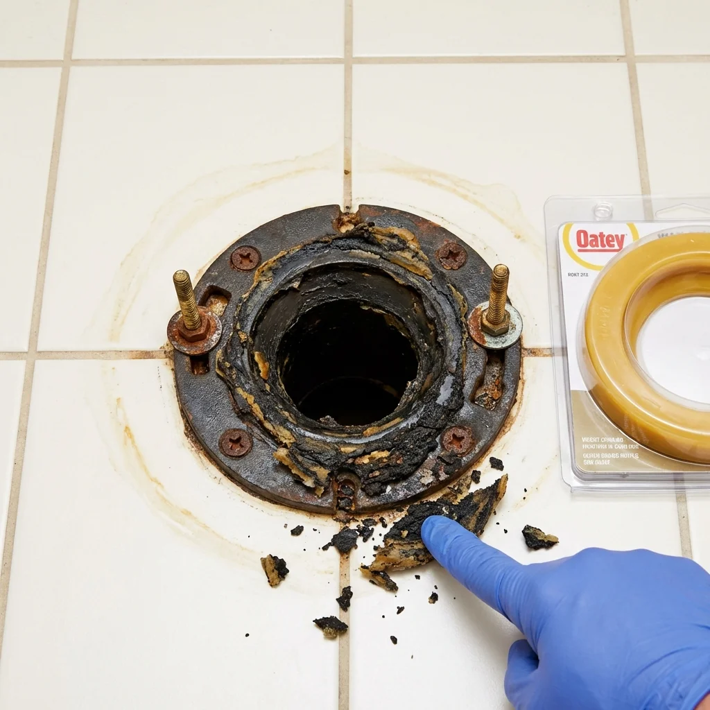 Failed wax ring showing water seepage at the base of a toilet in a Point Lookout, NY home