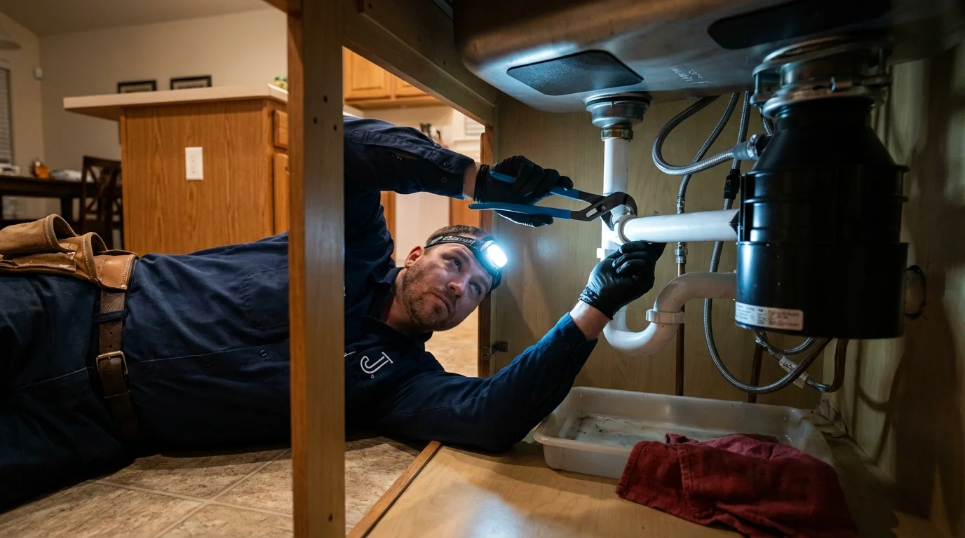 P-trap and supply line connections under a kitchen sink showing a common leak point in Point Lookout, NY
